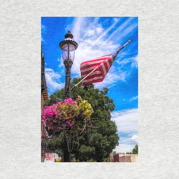 Pretty All American Lamp Post Flowers And Flag by Debra Martz